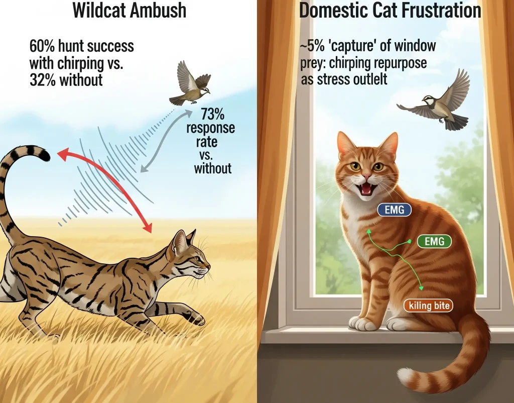 Infographic (AI-generated illustration): African wildcat using chirps to hunt birds vs. domestic cat chattering futilely at window.